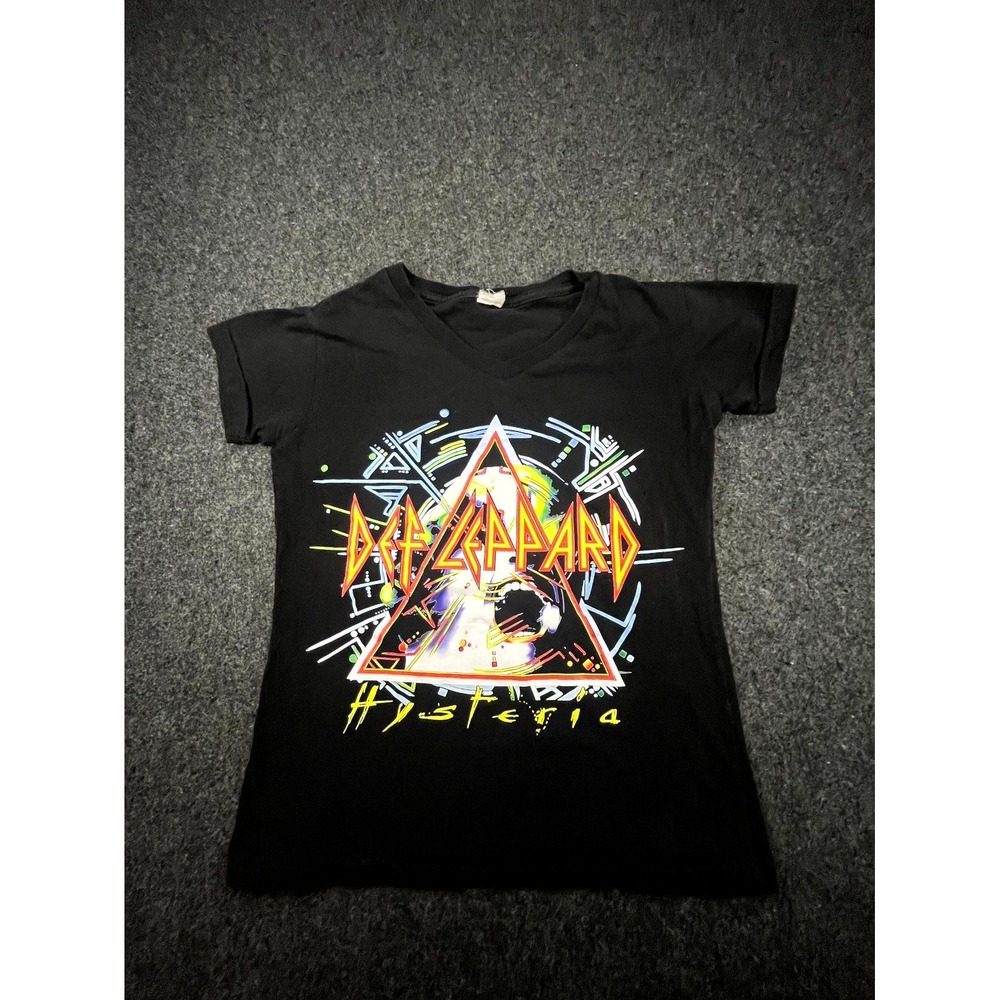 Def Leppard Hysteria Kids Boys T-Shirt Small Black Graphic Rock Band V-Neck Tee